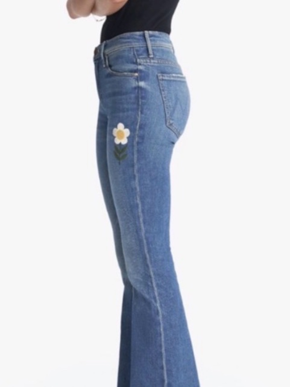 MOTHER Blue Denim Flare Jeans with Daisy Patch